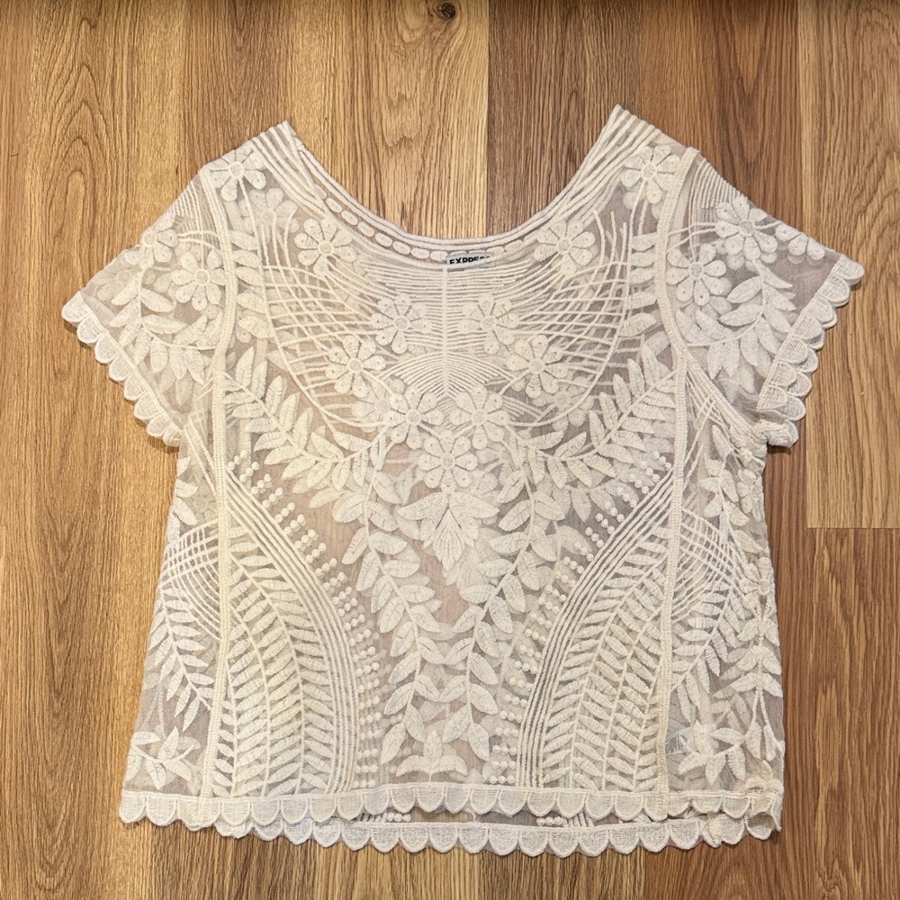 Express Cream Floral Lace Lacy Blouse Large